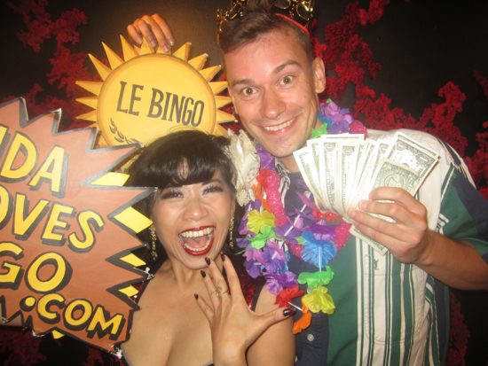 Big Winner celebrates at Le Bingo with spokesmodel Calamity Chang! (Every Saturday at Le Poisson Rouge!)